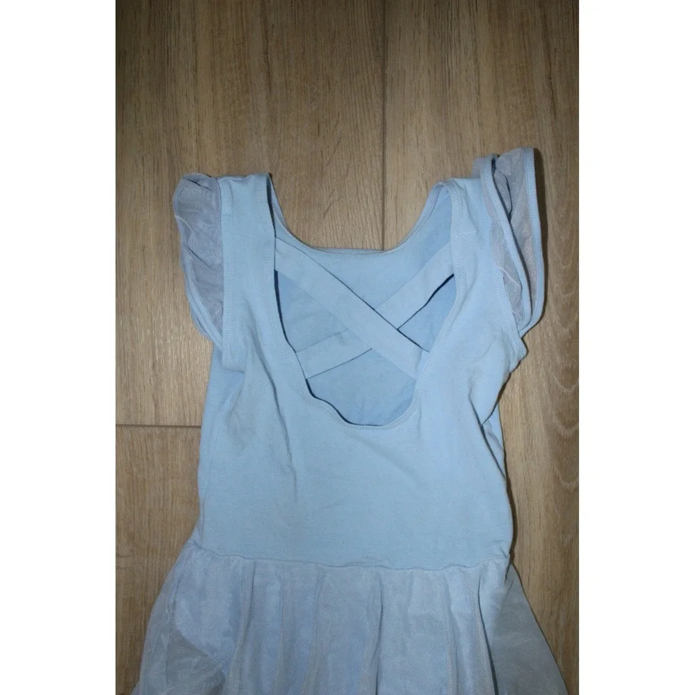 Girls Light Blue Ballet Leotard Mesh Skirt‎ Criss Cross Back Size M